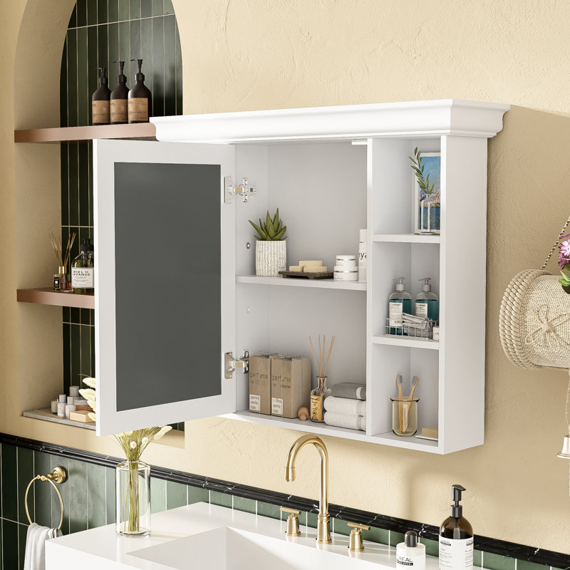 Rangement mural pour salle de bain 35,51 po x 7,07 po 29,34 po avec miroir, beaucoup d'espace, charnière de porte, tableau de haute qualité, tablettes réglables, fermeture en douceur, poignée en métal argenté, miroir de luxe moderne
