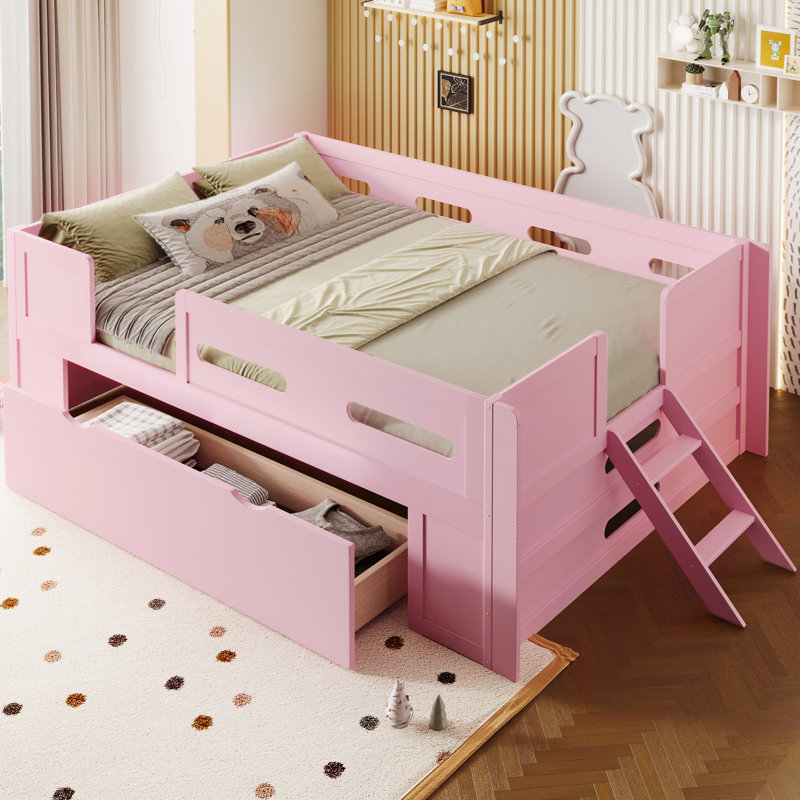 Twin Size Wooden Platform Bed with Storage Drawer & Guardrail, Pink, Twin, Pink