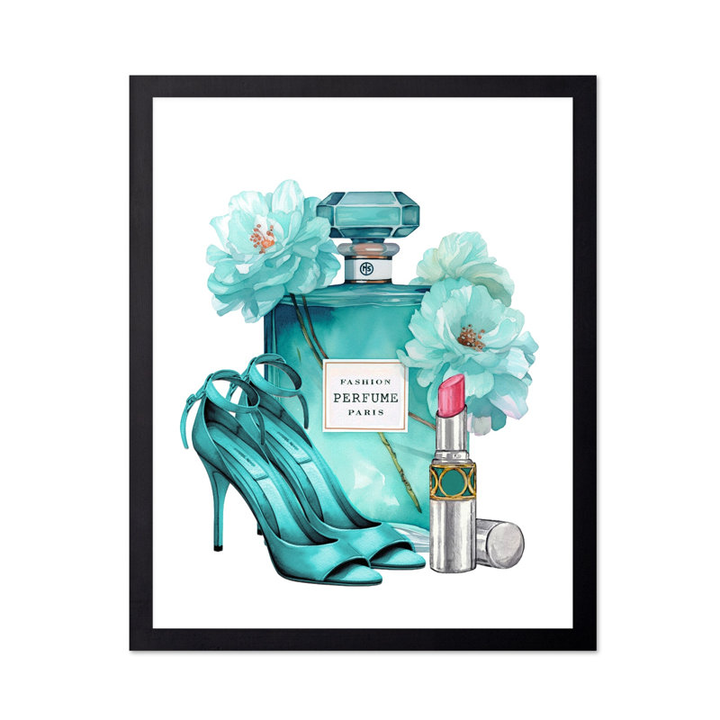 Parfum turquoise, rouge à lèvres et talons, 18"H x 24"W, Poster, Unframed