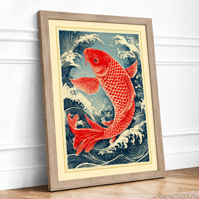 Red Koi Ascending Japandi 1 Piece Single Picture Frame Wall Art