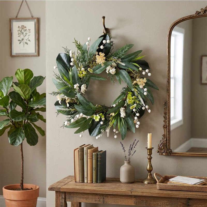 Couronne porte 19,69 "toutes saisons, verdure eucalyptus olive et baies blanches