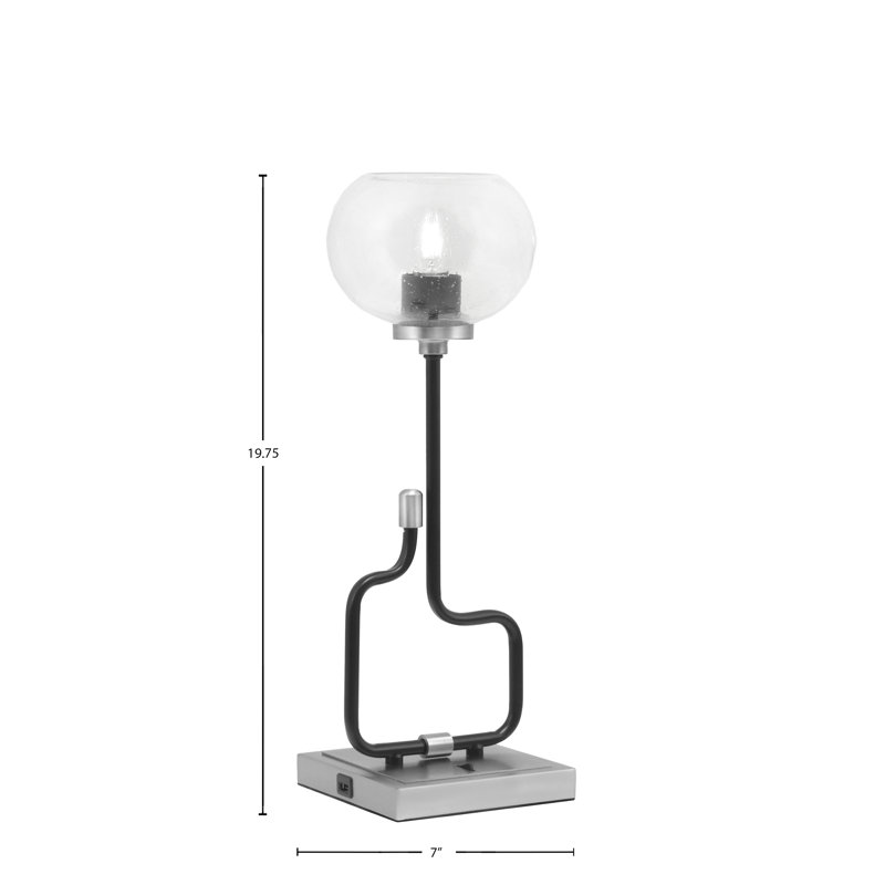 Lampe décorative Amarmula, avec ports USB, noir mat et finition graphite, verre transparent de 7 po, Clair, Argent argent