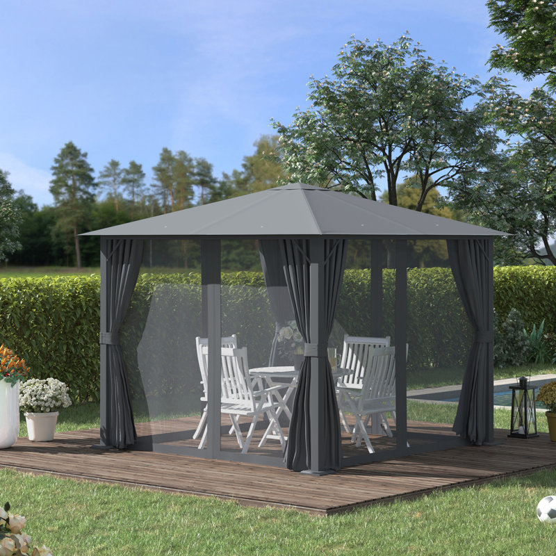 Gazebo de terrasse 3 m x 3 m, abri de jardin avec moustiquaire et rideaux, toit aéré