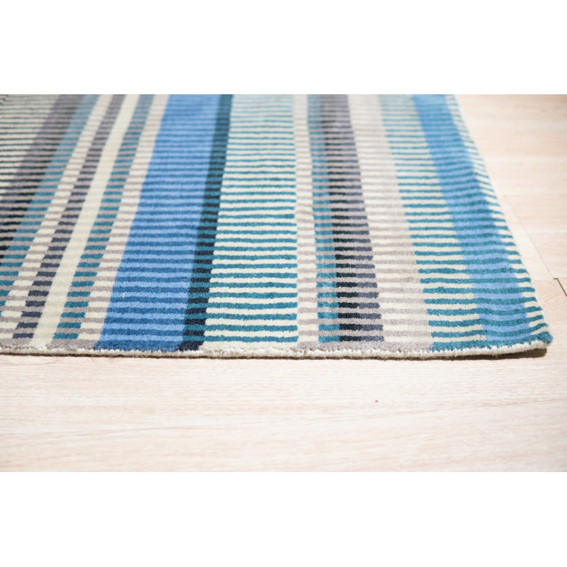 Blue Hand-Knotted Wool Striated Color Block Geometric Modern Contemporary Carpet Rug, 8' x 10'