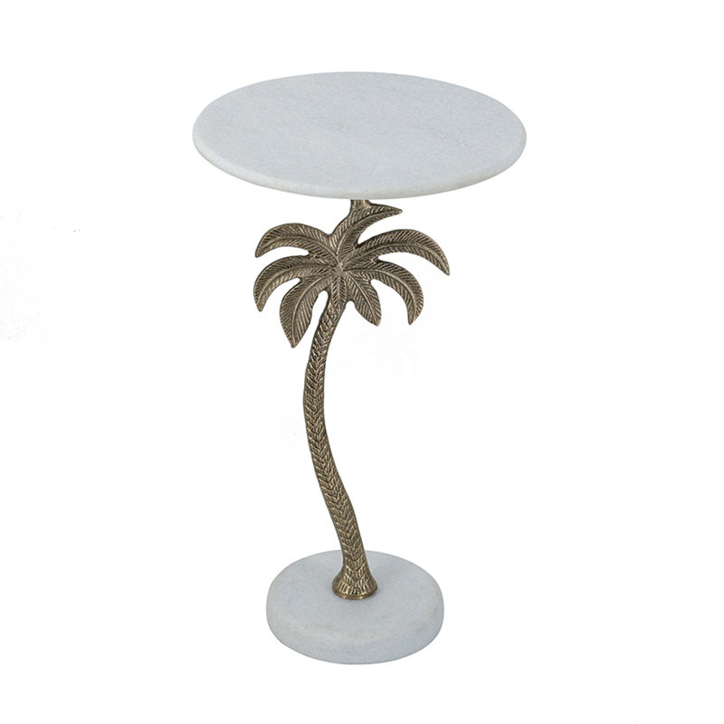 Table d'appoint ronde 14 po x 14 po x 24 po avec plateau en marbre blanc et palmier doré