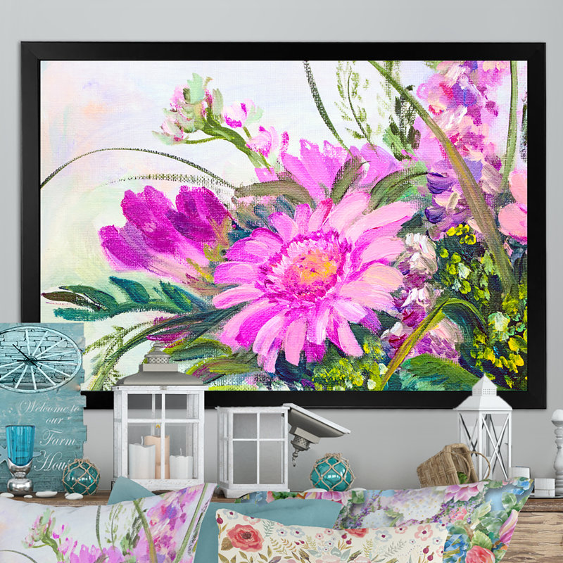 Fleurs d'été rétro mauves - reproduction sur toile, Cadre noir, H 8 po x l 12 po x P 1 po