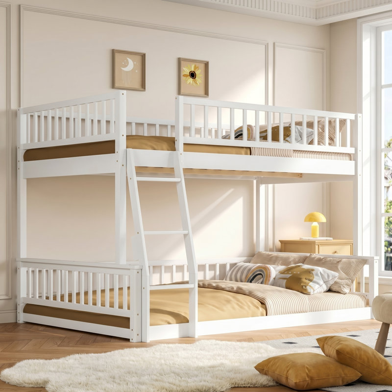 Ensemble de lit superposé convertible en noyer double au-dessus de grand lit avec échelle et garde-corps - conception en bois massif 2-en-1 peu encombrant