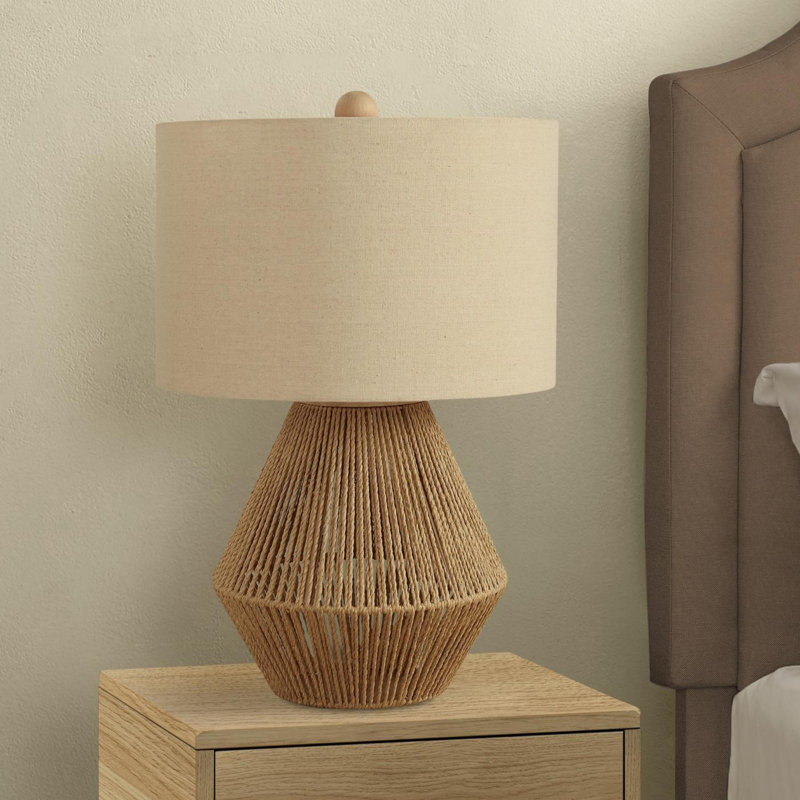 Lighting, H 22 po, lampe de table, corde brune, abat-jour beige, transitionnel