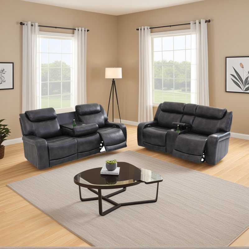 Ensemble de canapé moderne inclinable électrique gris 2 pièces - Ensemble de salon avec console, porte-gobelets, ports de chargement USB et éclairage d'accent à DEL bleu