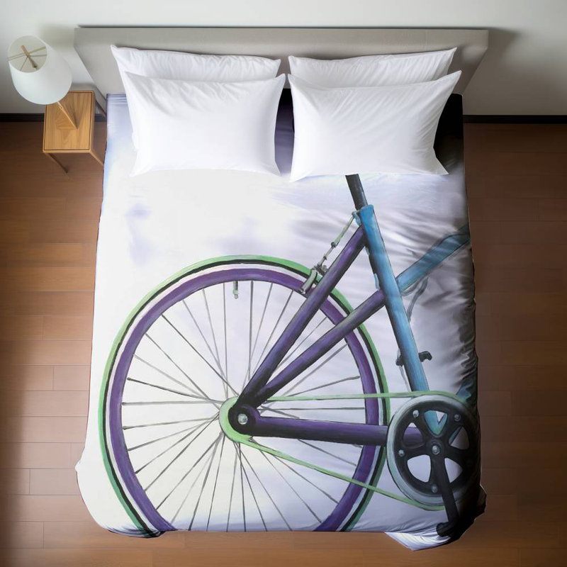 Housse de couette contemporaine bleue - motif vélo bleu et mauve