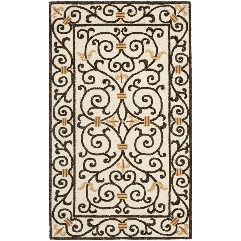 Helena Oriental Hand Hooked Wool Ivory / Dark Brown Area Rug, Rectangle 2'9" x 4'9"
