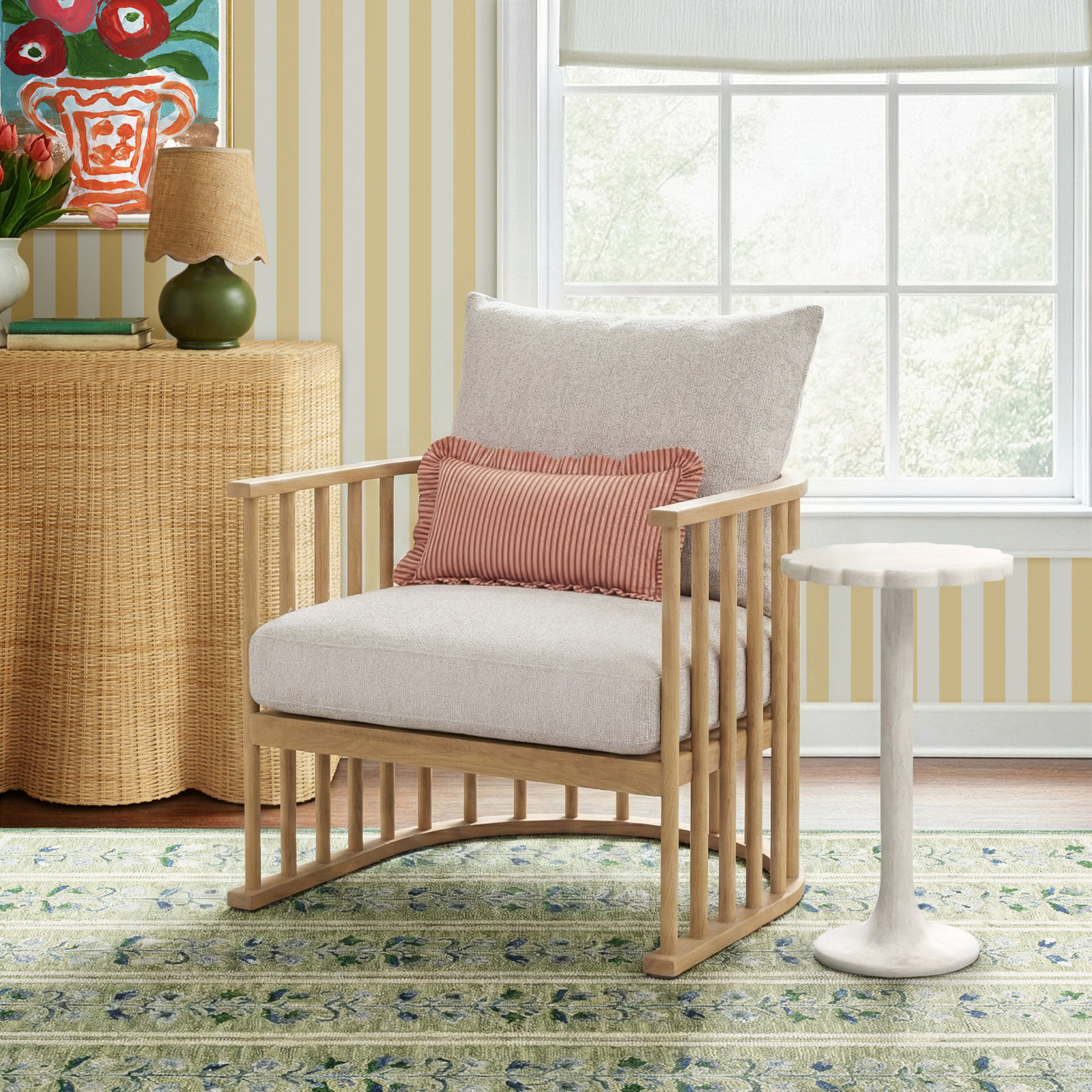 Kathy Upholstered Barrel Chair, Beige Cotton Twill, Light Brown