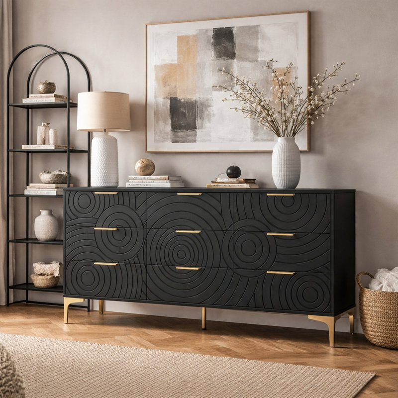 Commode 9 tiroirs, commode moderne avec poignées en métal, Noir