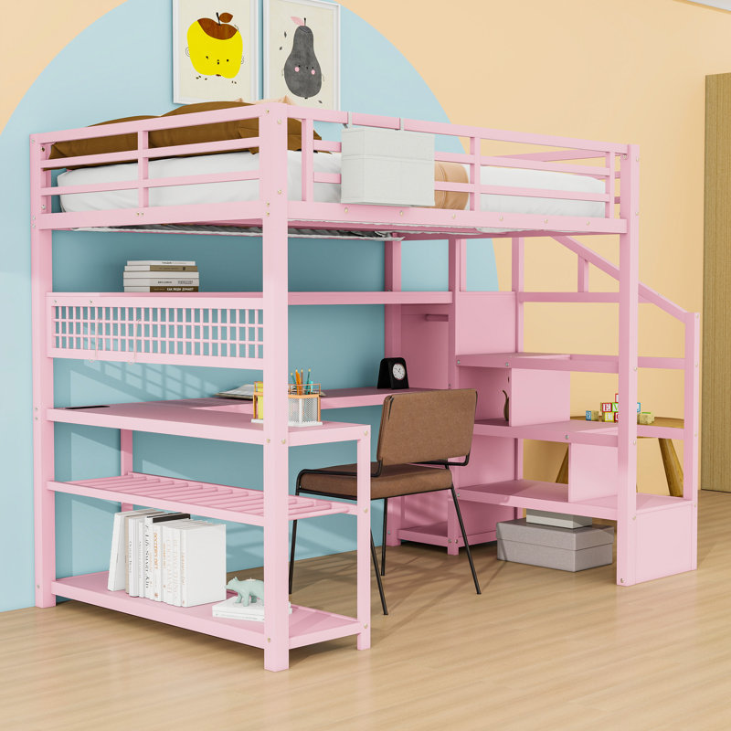 Loft Bed With Stairs, Wardrobe, L-Shaped Desk, LED Lights, Charging Station And Storage Shelves, Pink