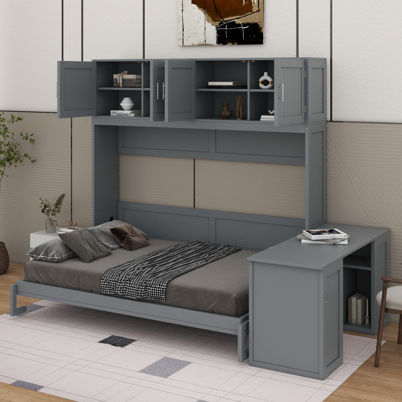Grand lit escamotable avec bureau, tablettes et armoires