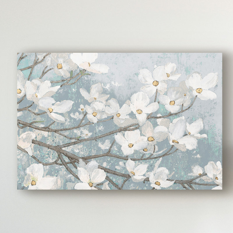 «Dogwood Blossoms II Blue Grey Crop» par James Wiens - reproduction sur toile, H 16 po x l 24 po x P 2 po