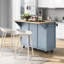Îlot de cuisine rabattable avec porte d'armoire, 5 roulettes, 3 tiroirs gris-bleu, pour une utilisation pratique dans la salle à manger-1582788969