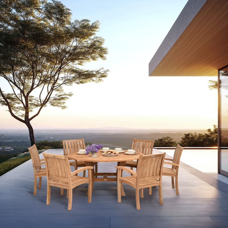 Teak Wood Dining Set Including Round Sun Table With Abacho Arm Chairs, 6