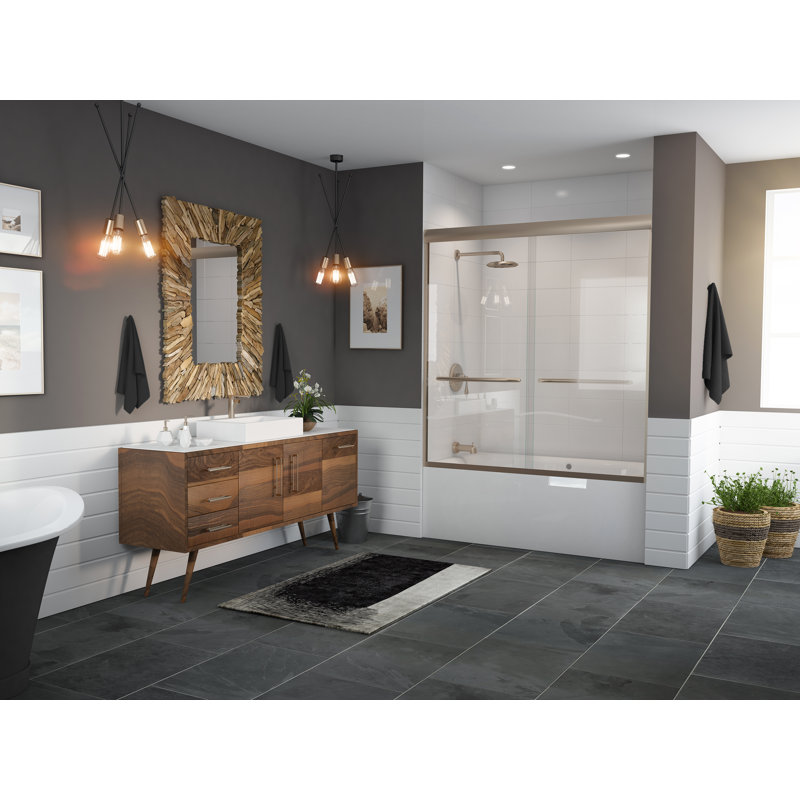 Porte de baignoire coulissante sans cadre l 60 po x H 58 po Paragon Series, Nickel brossé