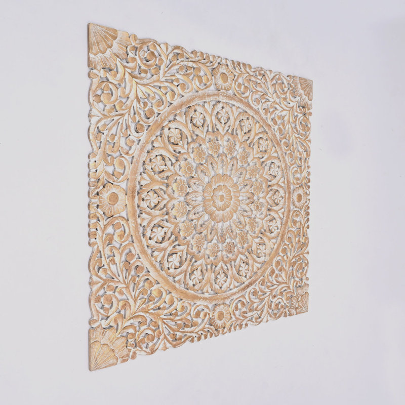 Décoration murale | Art mural carré en bois floral sculpté à la main Mandala | Décoration murale | 48 po x 48 po
