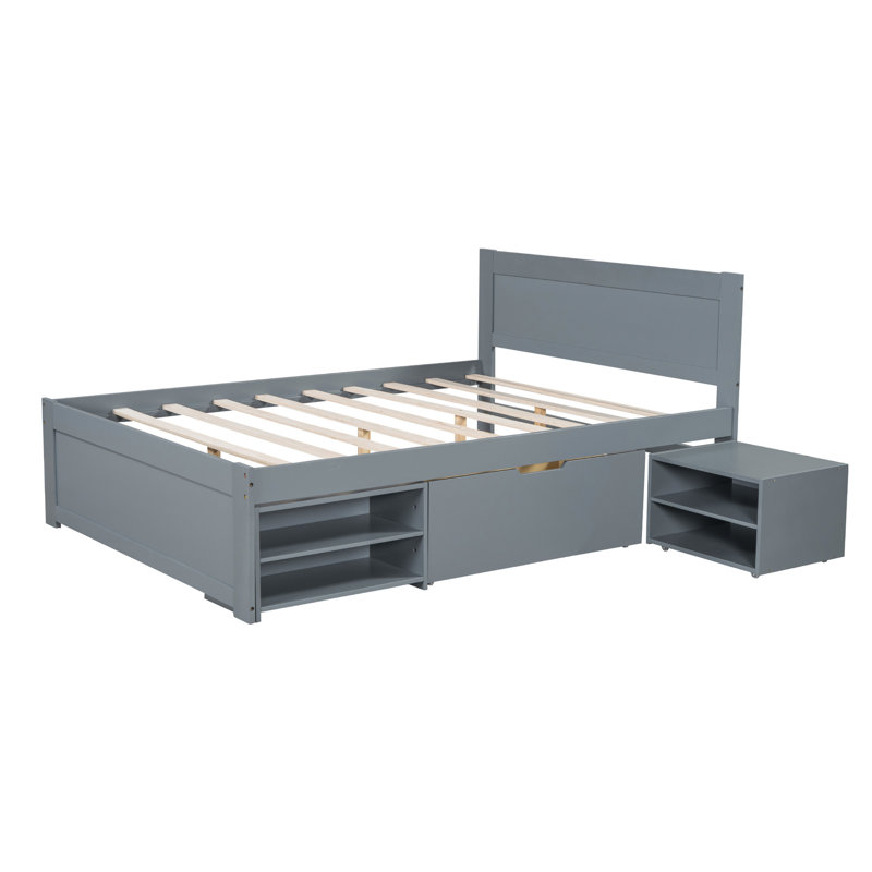 Lit avec tiroir et deux tablettes pratiques, Gris, Lit double