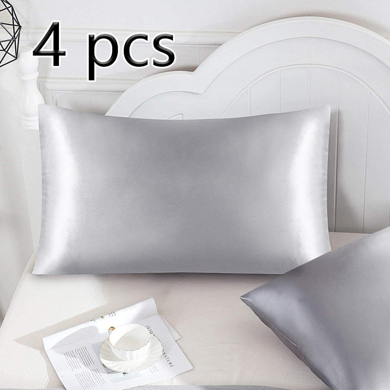 Set of 4 Satin Silk Pillowcases for Skin and Hair, Satin Pillow Cases for Women with Envelope Closure, Soft Breathable Smooth Cooling Silk Pillow Covers for Gifts, Gray 51*102cm