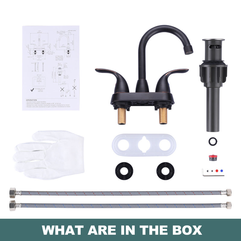 4 po Robinet pour salle de bain à poignée double à arc central avec drain escamotable et lignes d'alimentation en bronze huilé