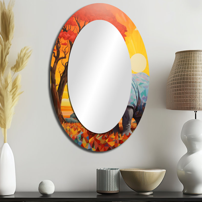 Rhinocéros au coucher du soleil dans la jungle de Bornéo - miroir mural moderne ovale, 36 po x 24 po