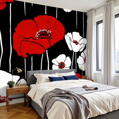 Papier peint adhésif à motif floral rouge, blanc, noir, H 69 po x l 96 po, papier peint amovible en PVC, autocollant pour chambre à coucher, bureau à domicile