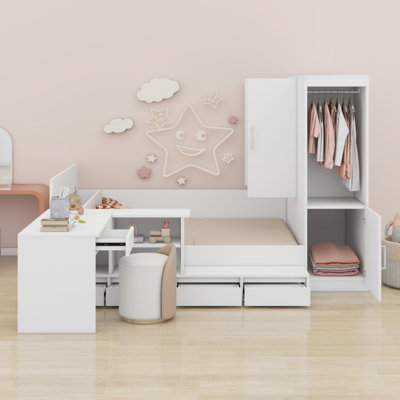 Lit plateforme avec tiroirs, tablettes, bureau et garde-robe
