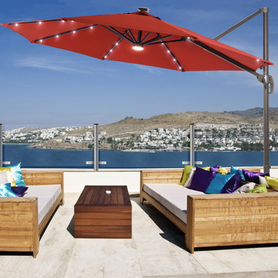 Parasol de patio en porte-à-faux à DEL 10 pi 10 pi, pivotant à 360 ° avec base inclinable et inclinée intégrée