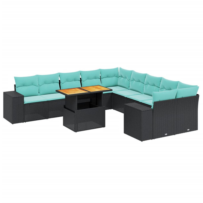  Ensemble de canapé de patio 11 pièces avec coussins en rotin de polyester, Noir, Vert