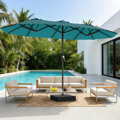 Parasol de patio extérieur à double face de 15 pi avec nervures en fibre de verre, auvent résistant à l'eau protégé contre les rayons UV UPF 50+, grand parasol résistant au vent pour la terrasse, la cour et la piscine