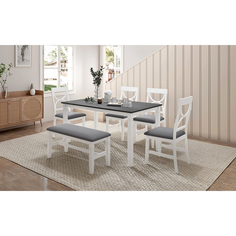 6 Dining , 4 Upholstered Chairs, Bench, And A 60x36-inch Table With Gray Top White Frame Design Wood