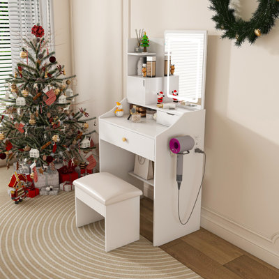 3-Color LED Vanity Mirror with Stool,  Drawers & Storage Cabinets