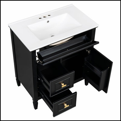 Meuble-lavabo de salle de bain avec lavabo, un tiroir rabattable, deux tiroirs, une tablette réglable, du bois massif et du panneau de fibres à densité moyenne pour le rangement de la salle de bain moderne