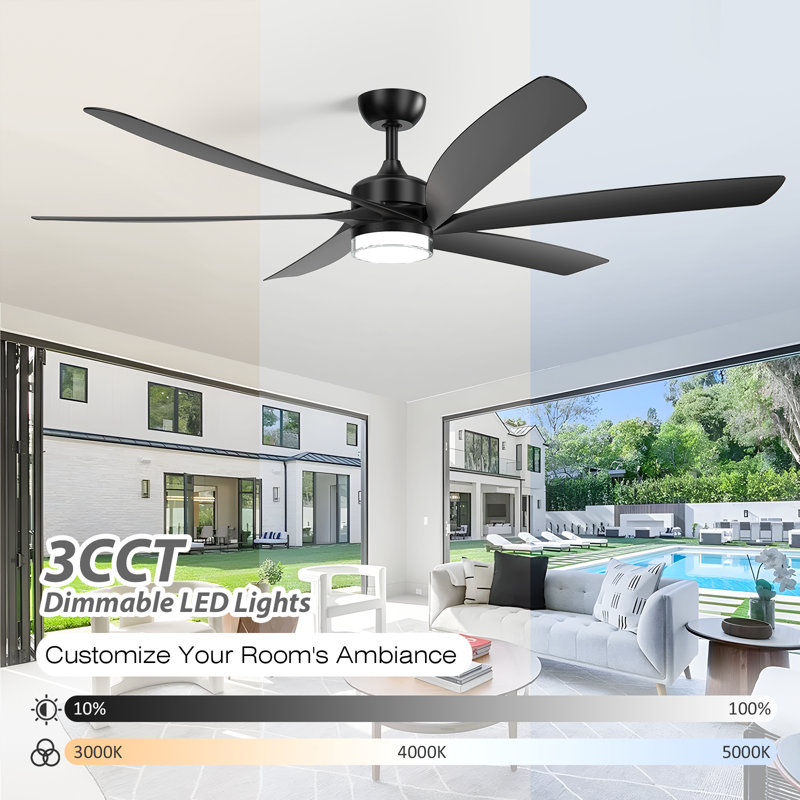 Ventilateur de plafond d'extérieur moderne 64 "avec lumière et télécommande, 6 pales en ABS, moteur à courant continu réversible