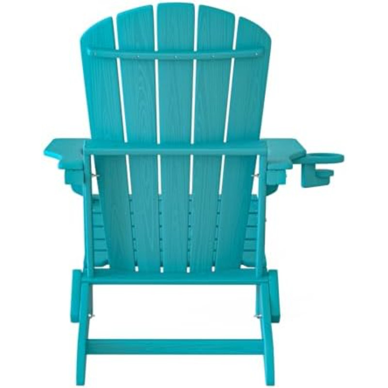 Folding Adirondack Chair, SGS Tested, Wooden Textured With Cup Holder, Heavy All-Weather HDPE Comfortable Set Poolside Backyard Lawn Aruba Blue Set 4