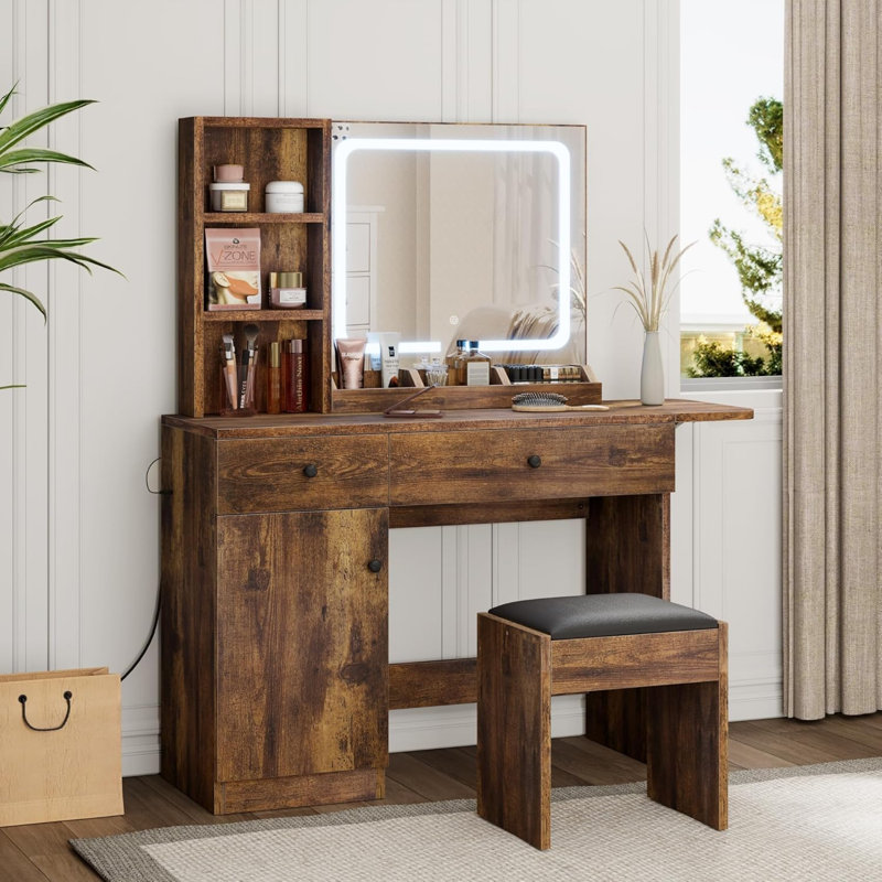 Damietta Vanity Desk with LED Lighted Mirror & Power Outlet, Makeup Table with Drawers & Cabinet,Storage Stool,Dressing Table for Bedroom
