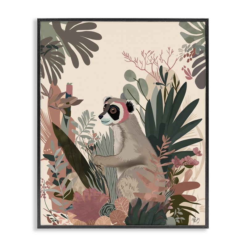 «Happy Lemur & Plants», estampe numérique encadrée par Fab Funky, H 14 po x l 11 po, Giclée encadrée noir minuit