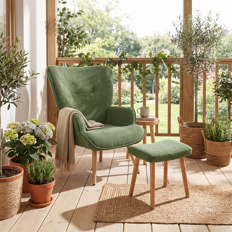 Upholstered Armchair With Footstool, Green Corduroy
