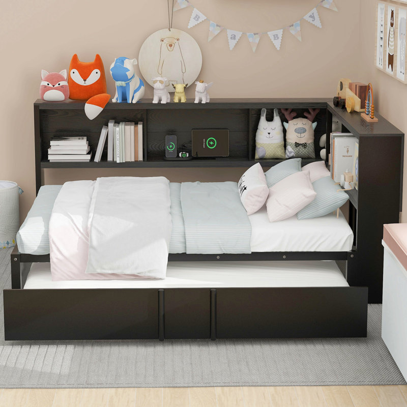 Lit de jour en métal avec lit gigogne, armoires de rangement et ports USB, Lit double, Noir