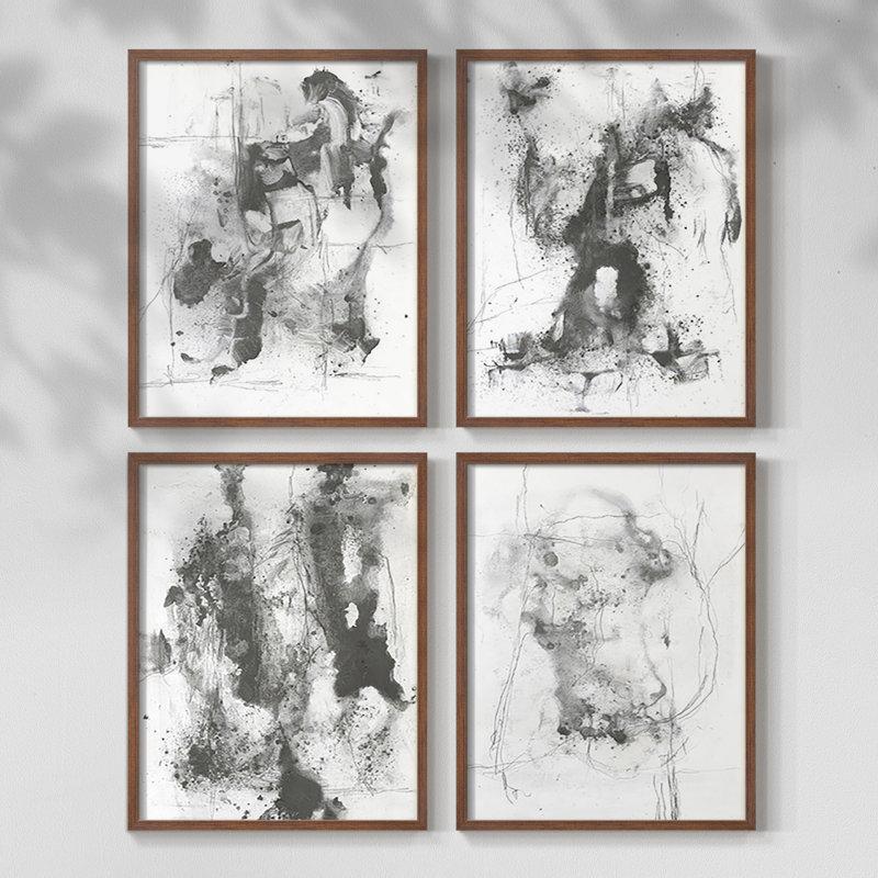 Graphite abstrait I, reproduction encadrée - ensemble de 4, Naturel, H 28 po x l 22 po