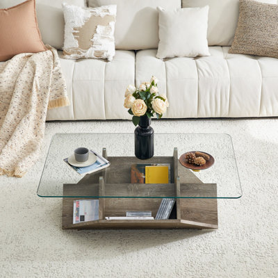 Table basse en verre trempé et panneau de fibres à densité moyenne avec grain de bois sculpté et couteau