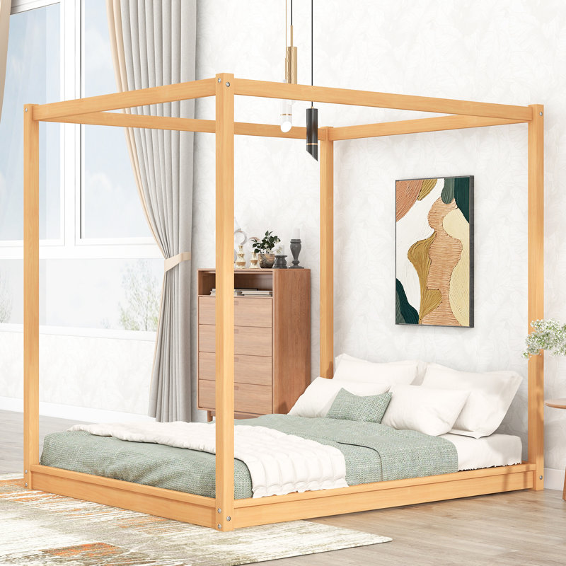 Lit plateforme à baldaquin en bois, Blanc, Grand