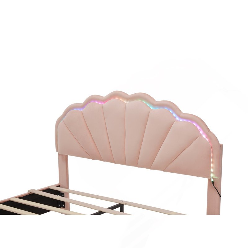 Structure de lit pleine grandeur à DEL intelligente avec 2 tiroirs de rangement et tête de lit à deux pétales chic, lit plateforme Princess avec éclairage DEL intelligent pour les filles, aucun sommier nécessaire