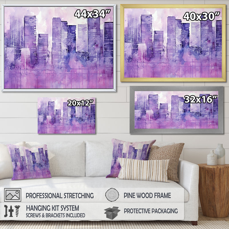 «Violet Cityscape High Rise Skycraper», reproduction sur toile, H 34 po x l 44 po x P 1,5 po, Cadre simple noir