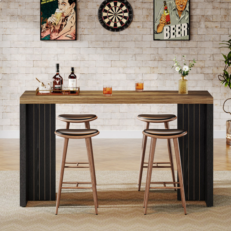 Counter Height Dining Table With Faux Marble Finished Tabletop, Brown, Black