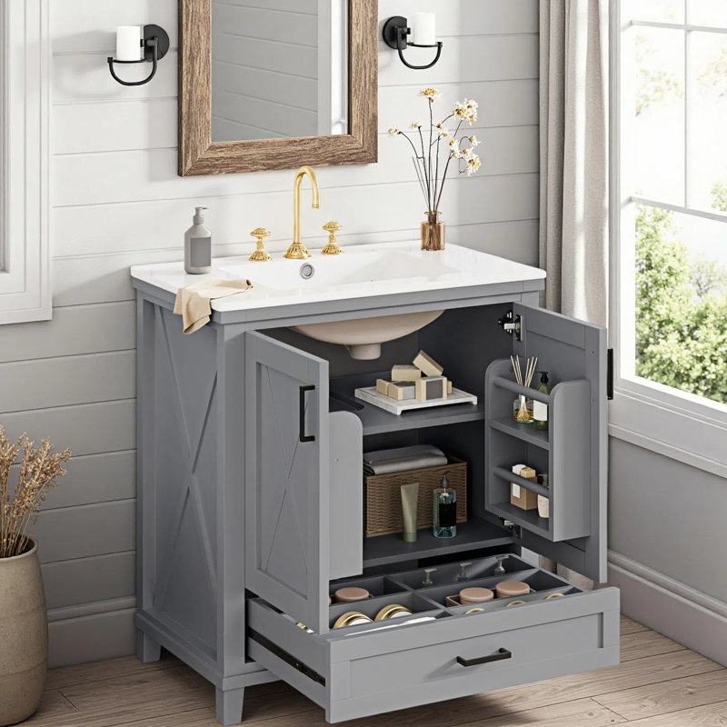 Meuble-lavabo de ferme 30 po avec tablette réglable et tiroir divisé, portes à fermeture douce avec tablettes de rangement doubles, conception en forme de X