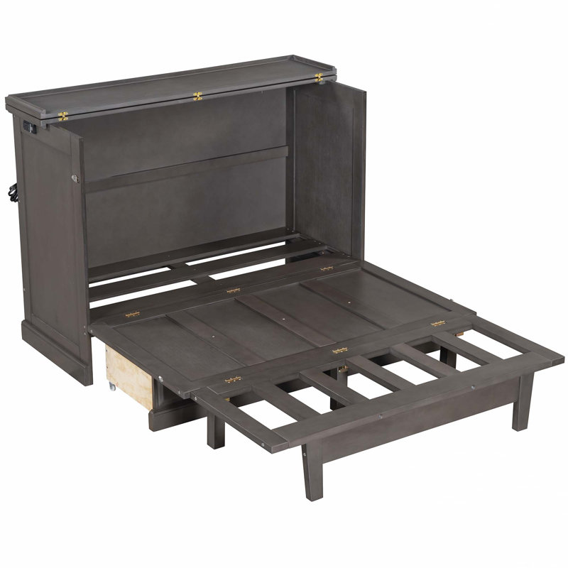 Lit armoire en pin massif massif avec station de charge et grand tiroir de rangement pour bureau à domicile ou petite pièce, double